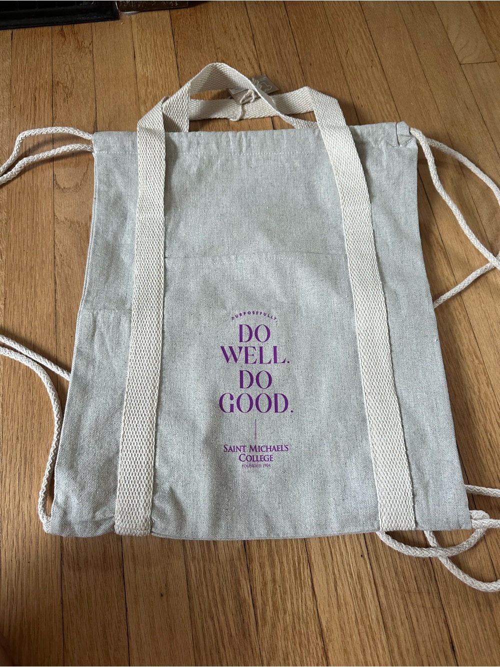 St. Michael's College Cream Tote Backpack with Purple Print NWT